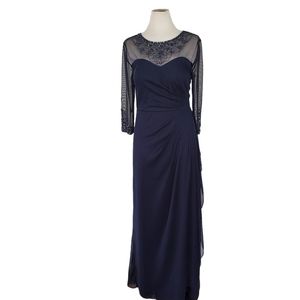 Patra A-Line Navy Blue Beaded Illusion Rouched Evening Gown Petite 12